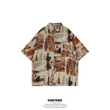 GPstudio港風復古油畫印花襯衫短袖男夏季設計感小眾bf慵懶風襯衣