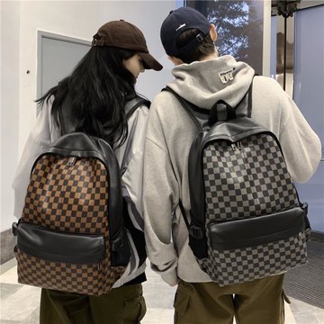 書包女ins超火棋盤格大學生軟皮大容量背包初中生高中生雙肩包男