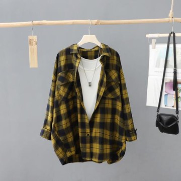 早春新款韓版寬松磨毛格子襯衫外套女長袖慵懶風大碼襯衣女裝上衣