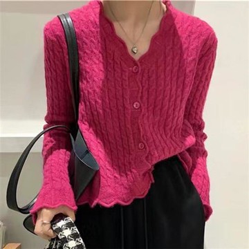 【米蘭精品】現貨+預購 100%羊毛衣針織衫發熱衣長袖保暖內搭加絨寬鬆大碼休閒-浪邊短版女外套6色74nc120