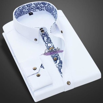 2025新款青花瓷領商務高端休閑襯衫男款長袖修身正裝純棉白色襯衣