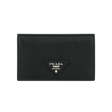 PRADA 縫線三角浮雕Logo 粒紋皮革釦式二折中夾(黑色)