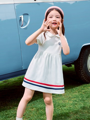 女幼童裝 Logo印花翻領短袖洋裝-白色