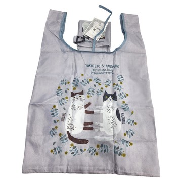 kUSUgURU JAPAN 日本眼鏡貓 Nagonago-san系列 日本眼鏡貓防撥水環保袋 附掛鈎  長24cm x 寬18cm x 高43cm + 摺疊10.5cm x 9.5cm  灰色