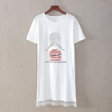 夏款女裝中長裙短袖圓領卡通印花寬松T恤連衣裙子潮