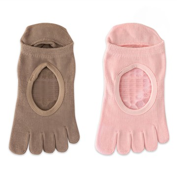 NicoFun 愛定做 腳背簍空止滑瑜伽襪 全腳底矽膠防滑 緩衝減震 安全止滑 女襪 2雙  22~24.5cm  咖啡色