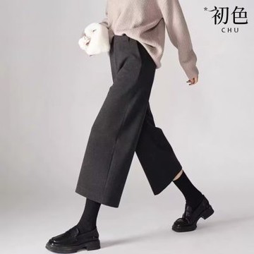 初色 通勤風純色鬆緊腰加絨八分直筒西裝褲休閒褲寬褲長褲-共3色-18235(M-2XL可選)