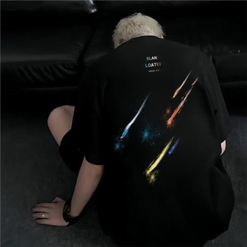 100%純棉重磅T恤潮流美式百搭街頭彩色流星印花短袖男女同款夏季