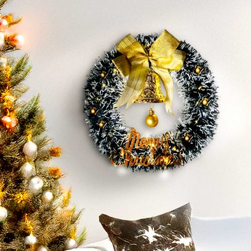 摩達客11吋風尚雅墨綠刷白系金蔥彎絲聖誕花圈＋20燈LED暖白光燈串_廠商直送