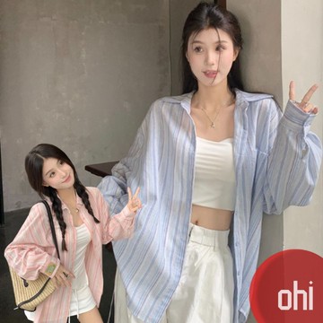 【ohi】條紋POLO領襯衫外套 長袖襯衫 女生襯衫 襯衣 襯衫 上衣 寬鬆上衣 長袖上衣 女裝 GSS9002