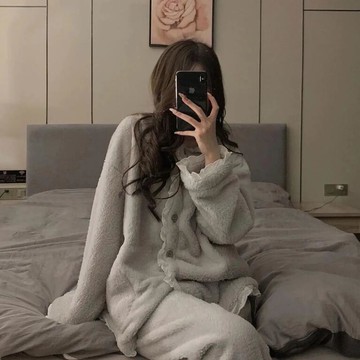 珊瑚絨睡衣女冬季加厚ins風法蘭絨網紅小香風蕾絲少女家居服套裝【步行者戶外生活館】