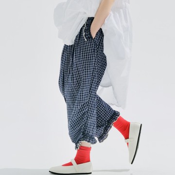 泡泡紗藍白格紋休閒長褲 / 褲子