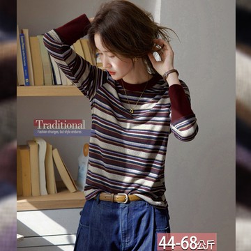圓領多色條紋拼接上衣 M-2XL【806228X】【現+預】☆流行前線☆