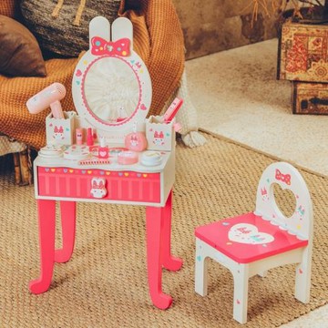 新款小白兔梳妝臺女孩化妝臺寶寶仿真化妝用品過家家木制益智玩具
