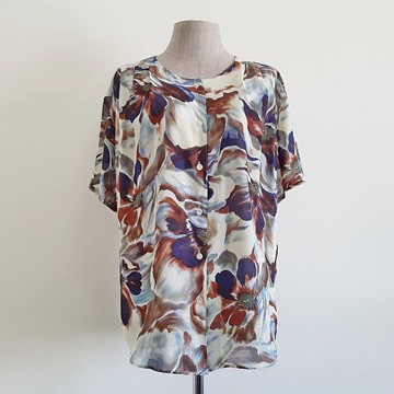 復古棕藍印花雪紡襯衫 女款 短袖 蕾絲領 寬鬆