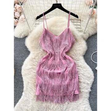 純欲辣妹生日派對短裙女禮服性感露背吊帶修身顯瘦包臀流蘇連衣裙