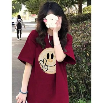台灣出貨大碼女裝笑臉短袖T恤女夏季新款美式復古遮肉顯瘦胖mm150kg大碼女裝 大碼上衣 設計感短袖