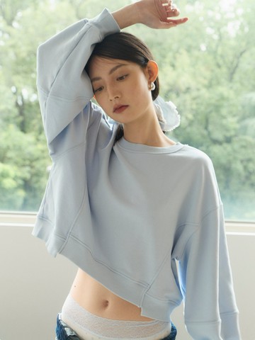 落肩短版寬鬆休閒上衣(水藍)-女