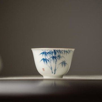 釉下青花手繪松竹梅描銀邊陶瓷主人杯功夫茶具小茶杯品茗杯單杯子