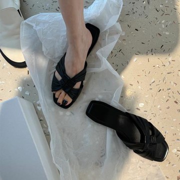 row款韓版方頭露趾一字拖夏季外穿休閑蝴蝶打結平底拖鞋沙灘涼拖