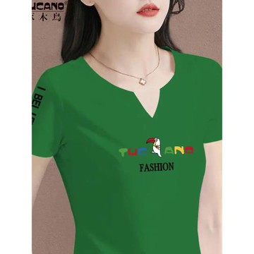 啄木鳥純棉短袖t恤女2025夏季新款時尚中年女裝v領修身女士體恤衫