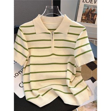 拉鏈薄款冰絲t恤女針織條紋POLO領上衣短袖女士大碼女裝夏季新款