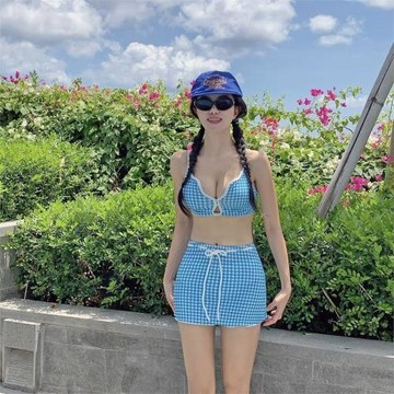 性感甜辣分體裙式游泳衣女比基尼三件套格子經典小胸聚攏高腰遮肚
