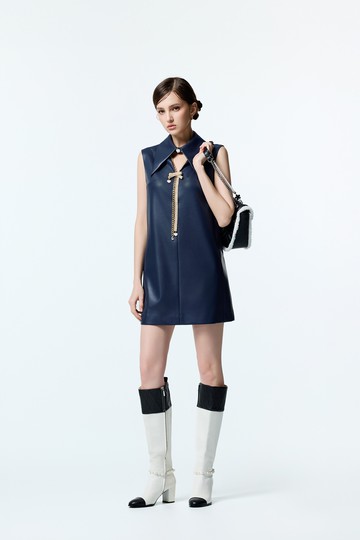 海軍藍仿皮革洋裝
