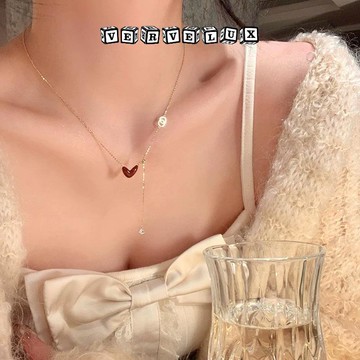 两件9.9折🔥臺灣出貨🔥可開發票✅愛心字母紅滴油流蘇項鍊女配飾高級感簡約氣質鎖骨鏈毛衣鏈頸鍊