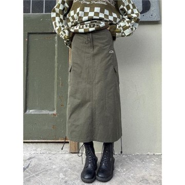 MoodBerry美式復古設計感抽繩高腰半身裙女寬松口袋工裝中長裙子