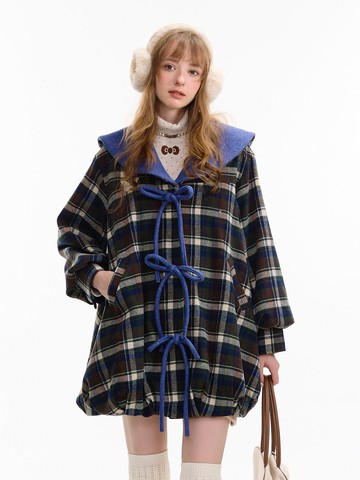 ziziFei秋冬季娃娃翻領兜兜下擺深藍色中長款格紋毛大衣外套女