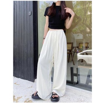 (免運)大碼白色闊腿褲女2025新款夏季薄款山本褲胖mm冰絲褶皺休閑防曬褲