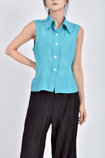 (M) cladon無袖排扣背心藍色上衣