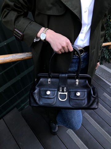 【 日本直送 名牌中古包 】Christian Dior 迪奧 手提包 黑色 D Logo 皮革 vintage ntaxds