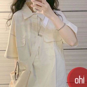 【ohi】日系復古杏色短袖襯衫 學院風設計感上衣 女生襯衫 短袖襯衫 襯衣 短袖上衣 女裝 GSXA16