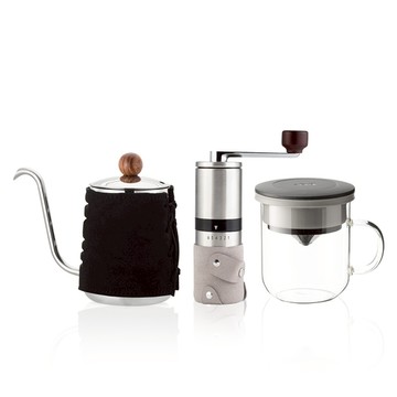 PO:Selected｜丹麥手沖咖啡三件組(咖啡壺-黑/玻璃杯350ml-黑灰/咖啡磨2.0)