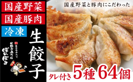  冷凍生餃子 5種類 64個 (餃子のタレ付) 食べ比べセット！ 国産豚肉 国産野菜