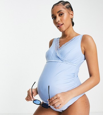 Peek & Beau Maternity Exclusive lace trim swimsuit in baby blue