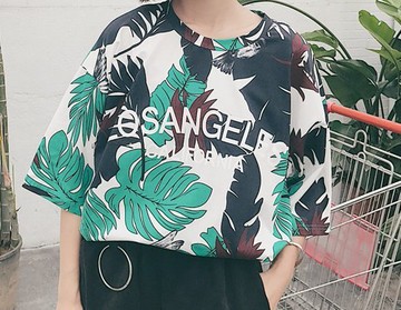 FINDSENSE H1 2018 韓國 夏季 清新 百搭 樹葉印花 女 T恤 原宿寬松 短袖 圓領 半袖上衣 潮