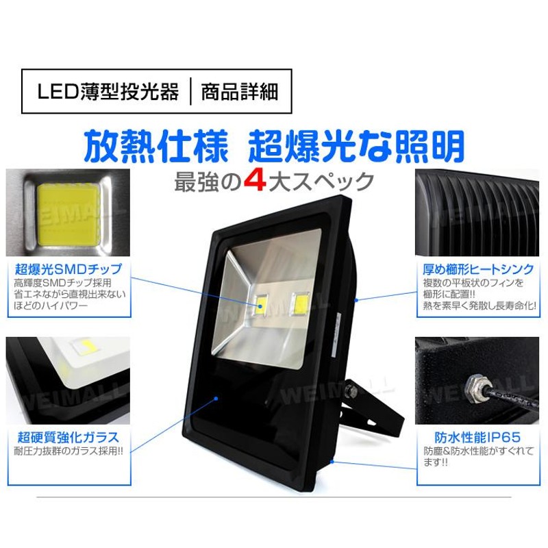 LED投光器 20W 200W相当 防水 LEDライト 薄型LED 作業灯 防犯灯 ワーク