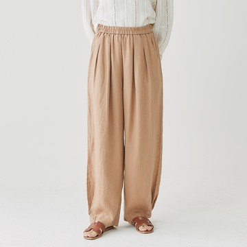 壓摺縮口全長亞麻褲 咖啡F