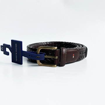 美國百分百【全新真品】Tommy Hilfiger 皮帶 TH 男款 Logo 編織 腰帶 深咖啡 32mm CB09