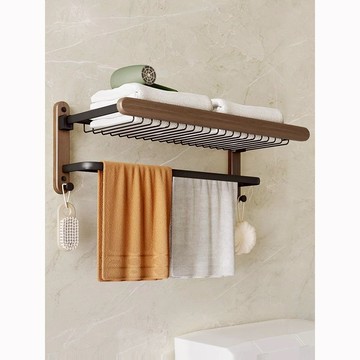 快速出貨 可開發票 實木浴室毛巾架免打孔衛生間置物架廁所壁掛式胡桃木浴巾架洗手間
