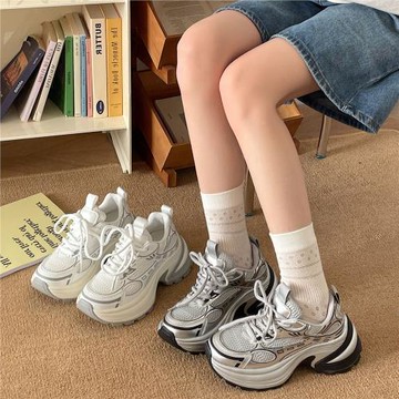 銀色網面老爹鞋女2025春季新款松糕厚底增高顯瘦輕便休閑運動鞋子