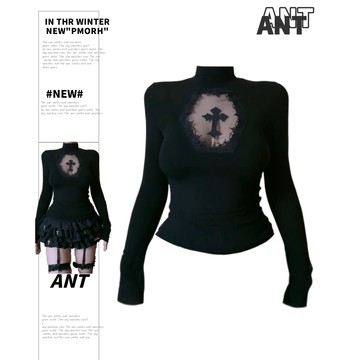 【ANT】y2k辣妹十字架鏤空蕾絲修身顯瘦長袖上衣 長袖 上衣 微辣上衣 性感衣服 秋天衣服 修身上衣 鏤空 長袖上衣女