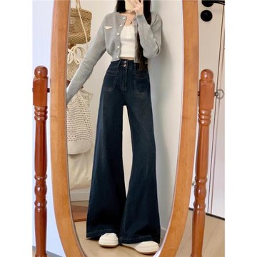 梨形身材復古藍牛仔褲女秋冬加絨胖妹妹mm高腰寬松遮胯顯瘦闊腿褲