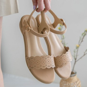 韓國 PINKELEPHANT - 花紋寬帶軟底輕量涼鞋(4cm)-卡其杏