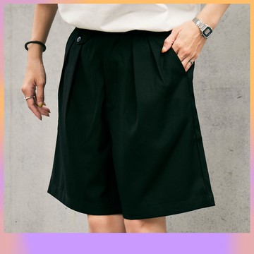 【CLAN】闊腿西裝短褲 打褶垂墜西褲短褲 寬管寬鬆 膝上五分褲 日系通勤 休閒百搭 黑色