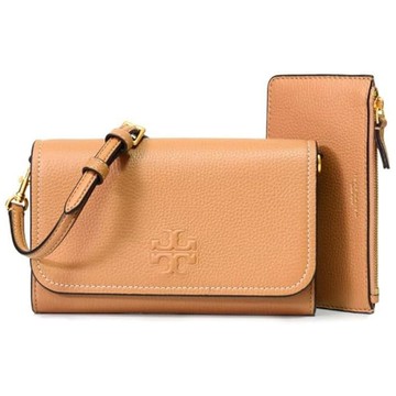 【TORY BURCH】素面皮革翻蓋斜背包-焦糖