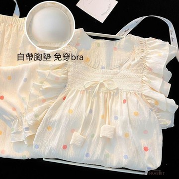 睡衣女士春秋季長袖中國風小清新夏天甜美帶胸墊套裝可外穿家居服家居服卡通睡衣可愛睡衣睡衣女生居家服套裝